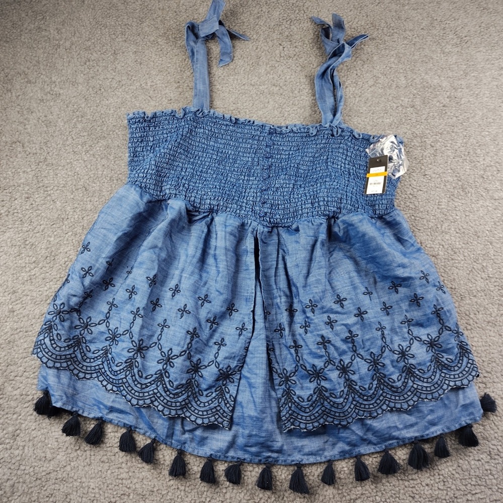 Crown & Ivy Top Blouse Tassels Curvy 3X Blue Smocked Boho Festival Summer
